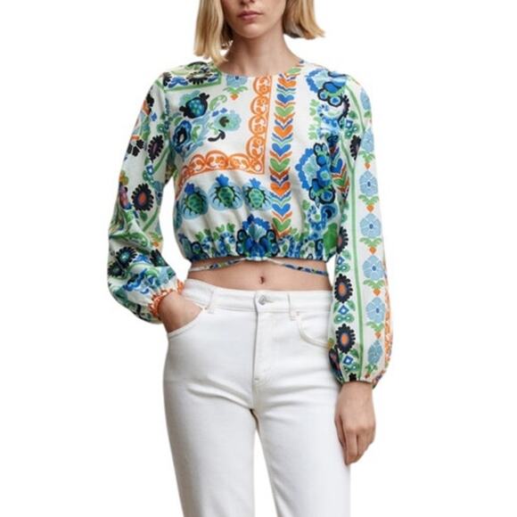 Mango Tops - Mango Women's Printed Puff Sleeve Blouse Long Sleeve Top Size Medium